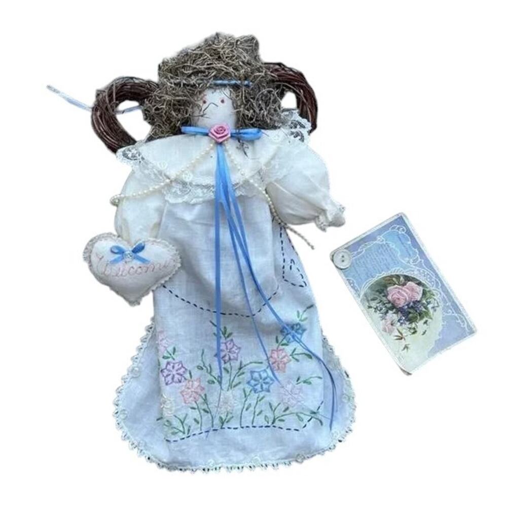 Hand Embroidered Linen Angel Hanging Decor with 1909 Postcard